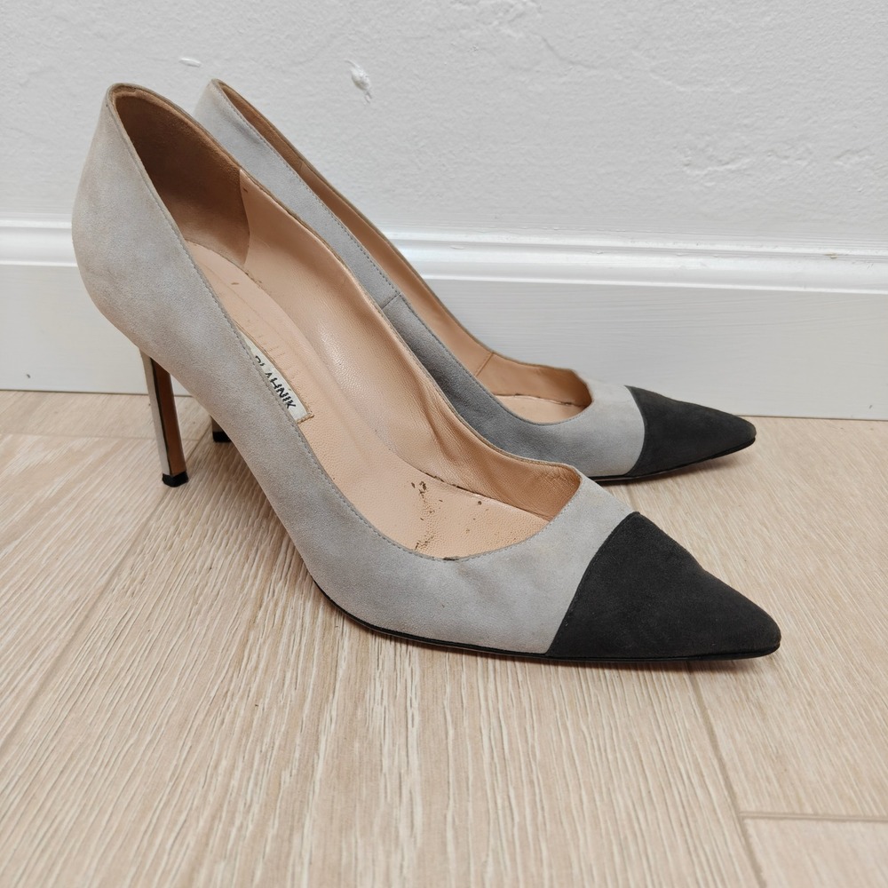 Manolo Blahnik Womens BB Pumps 40 Grey Black Suede Pointed Cap Toe Stiletto Heel